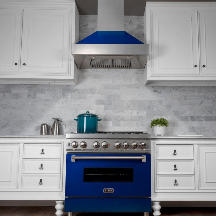 ZLINE 36" Snow Finish Wall Range Hood, Blue Gloss Shell, 8654BG - 36 - Farmhouse Kitchen and Bath