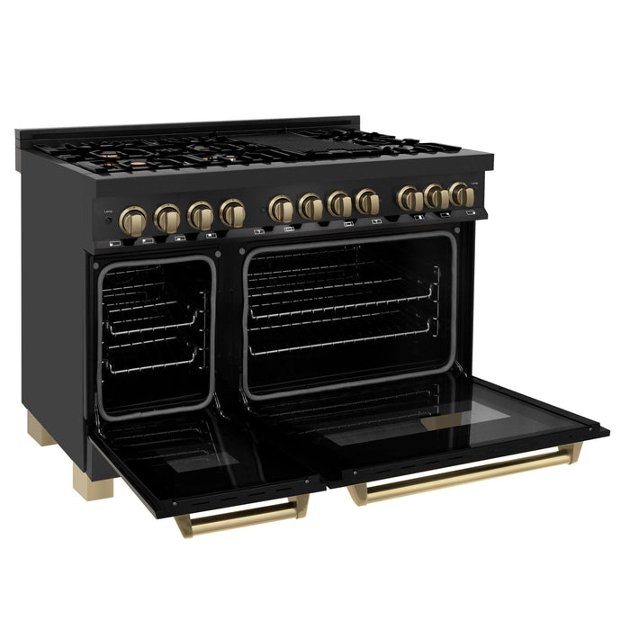 ZLINE 48" Autograph Dual Fuel Range, Black Stainless, Bronze RABZ - 48 - CB - Farmhouse Kitchen and Bath