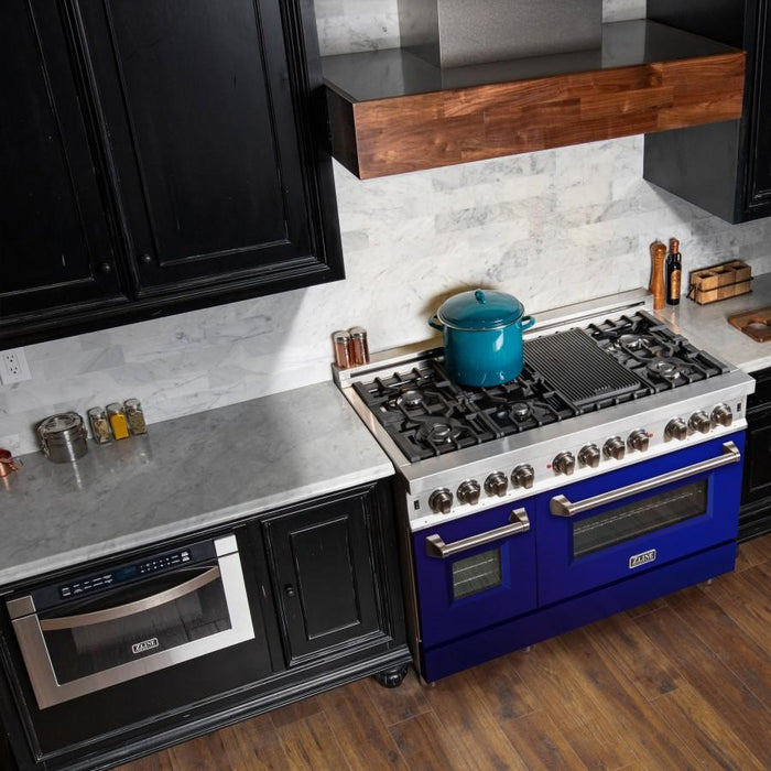 ZLINE 48" Professional Dual Fuel Range with Blue Gloss Door, RA - BG - 48 - Farmhouse Kitchen and Bath