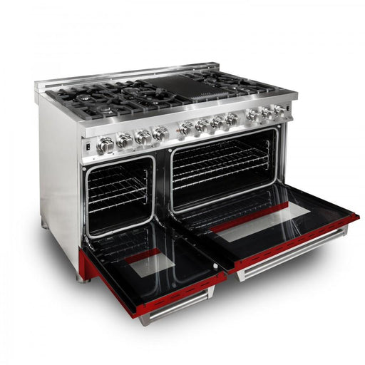 ZLINE 48" Professional Dual Fuel Range with Red Gloss Door, RA - RG - 48 - Farmhouse Kitchen and Bath