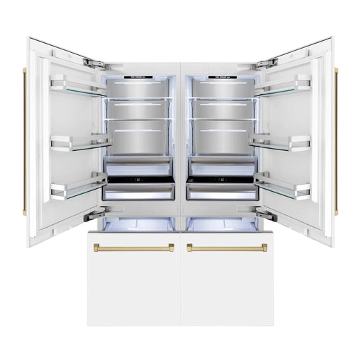 ZLINE 60" Autograph Edition French Door Refrigerator, Internal Water, Ice Dispenser, White Matte, Champagne Bronze Accents RBIVZ - WM - 60 - CB - Farmhouse Kitchen and Bath