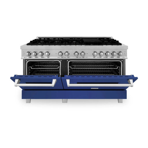 ZLINE 60" Dual Fuel Range Snow Stainless, Blue Matte Door, RAS - BM - 60 - Farmhouse Kitchen and Bath