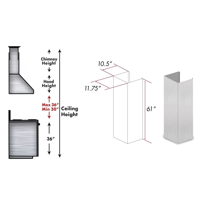 ZLINE 61 In. Snow Finished Stainless Steel Chimney Extension For Ceilings Up To 12.5 Ft. (8KN4S - E) - Farmhouse Kitchen and Bath