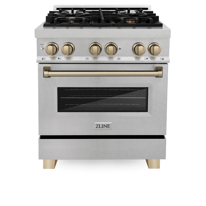 ZLINE Autograph 30" 4.0 cu. ft. Dual Fuel Range , Gas Stove Electric Oven Stainless Steel Champagne Bronze Accents RASZ - SN - 30 - CB - Farmhouse Kitchen and Bath