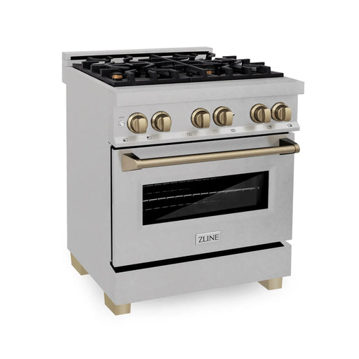 ZLINE Autograph 30" 4.0 cu. ft. Dual Fuel Range , Gas Stove Electric Oven Stainless Steel Champagne Bronze Accents RASZ - SN - 30 - CB - Farmhouse Kitchen and Bath