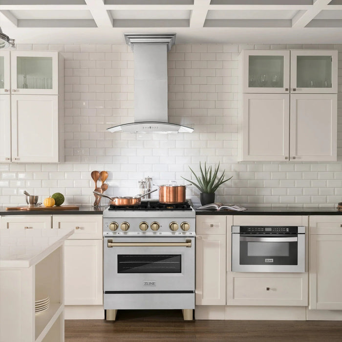 ZLINE Autograph 30" 4.0 cu. ft. Dual Fuel Range , Gas Stove Electric Oven Stainless Steel Champagne Bronze Accents RASZ - SN - 30 - CB - Farmhouse Kitchen and Bath